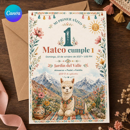 Boho Spanish First Birthday Invitation — editable Canva template