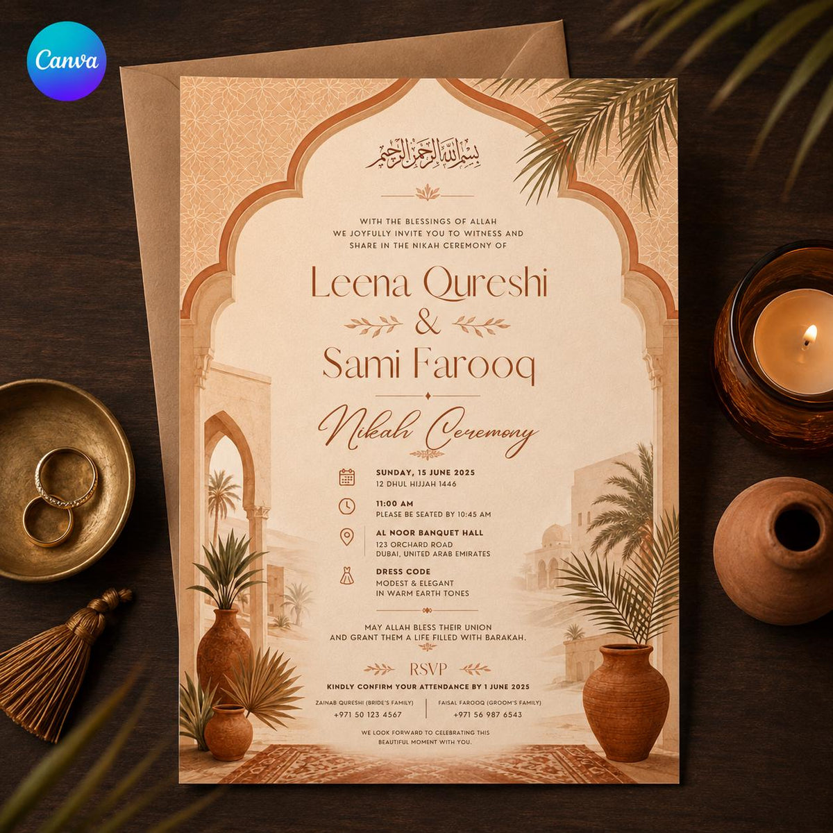 Boho Terracotta Nikah Invitation — editable Canva template