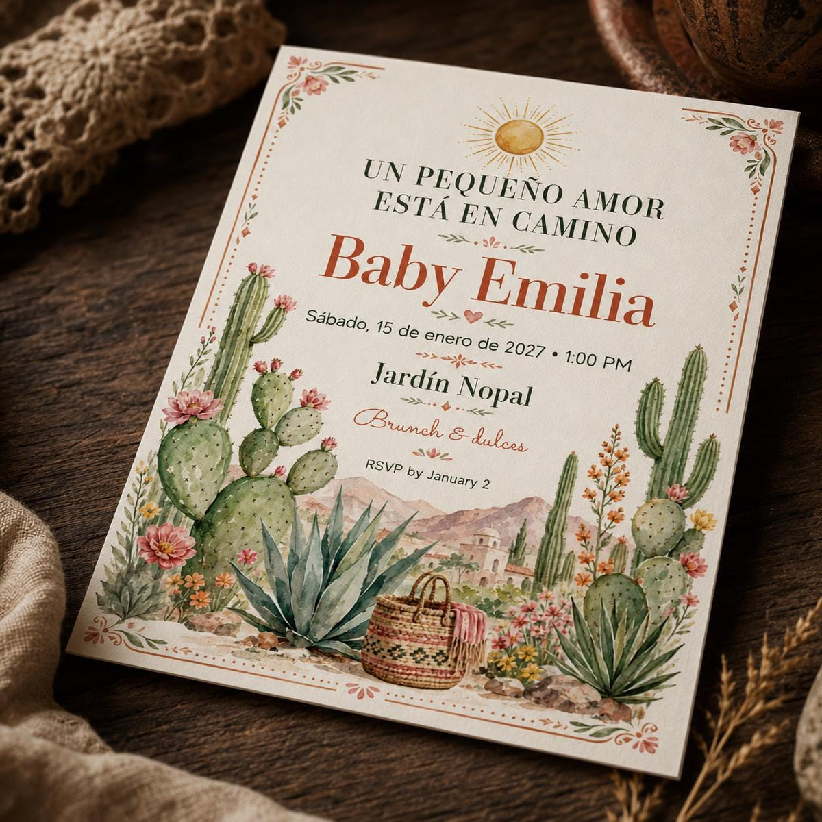 Boho Watercolor Spanish Baby Shower Invitation — digital invitation, instant download