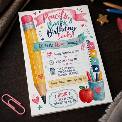 Book 7th Birthday Invitation for Girls — invitation you personalize in Canva