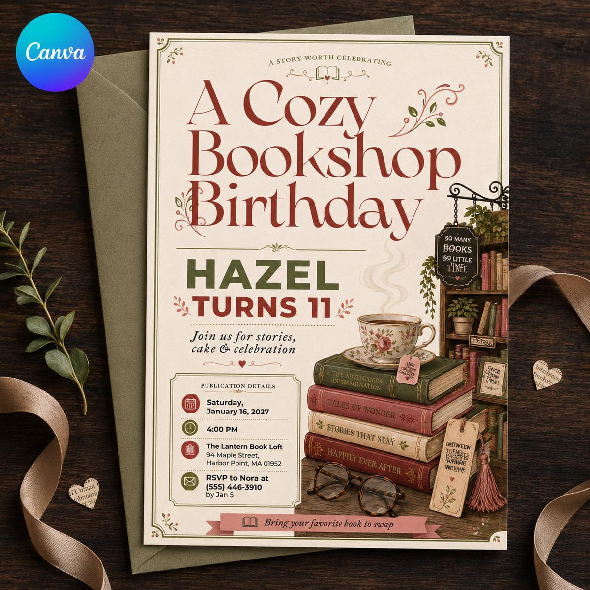 Book Lover 11th Birthday Invitation — editable Canva template