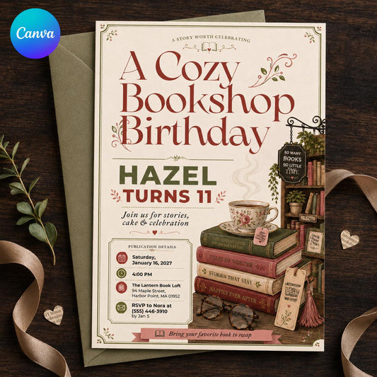 Book Lover 11th Birthday Invitation — editable Canva template