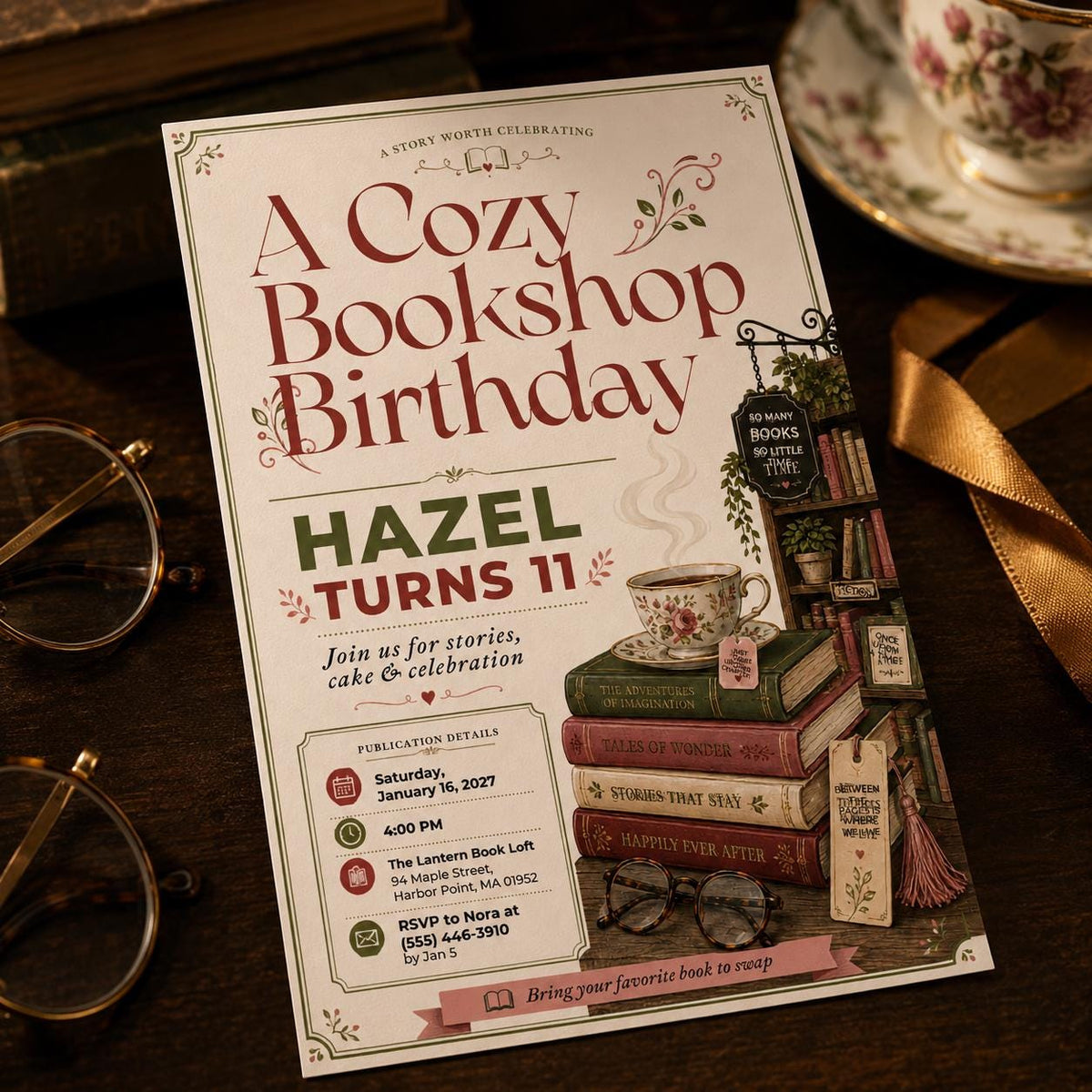 Book Lover 11th Birthday Invitation — library design