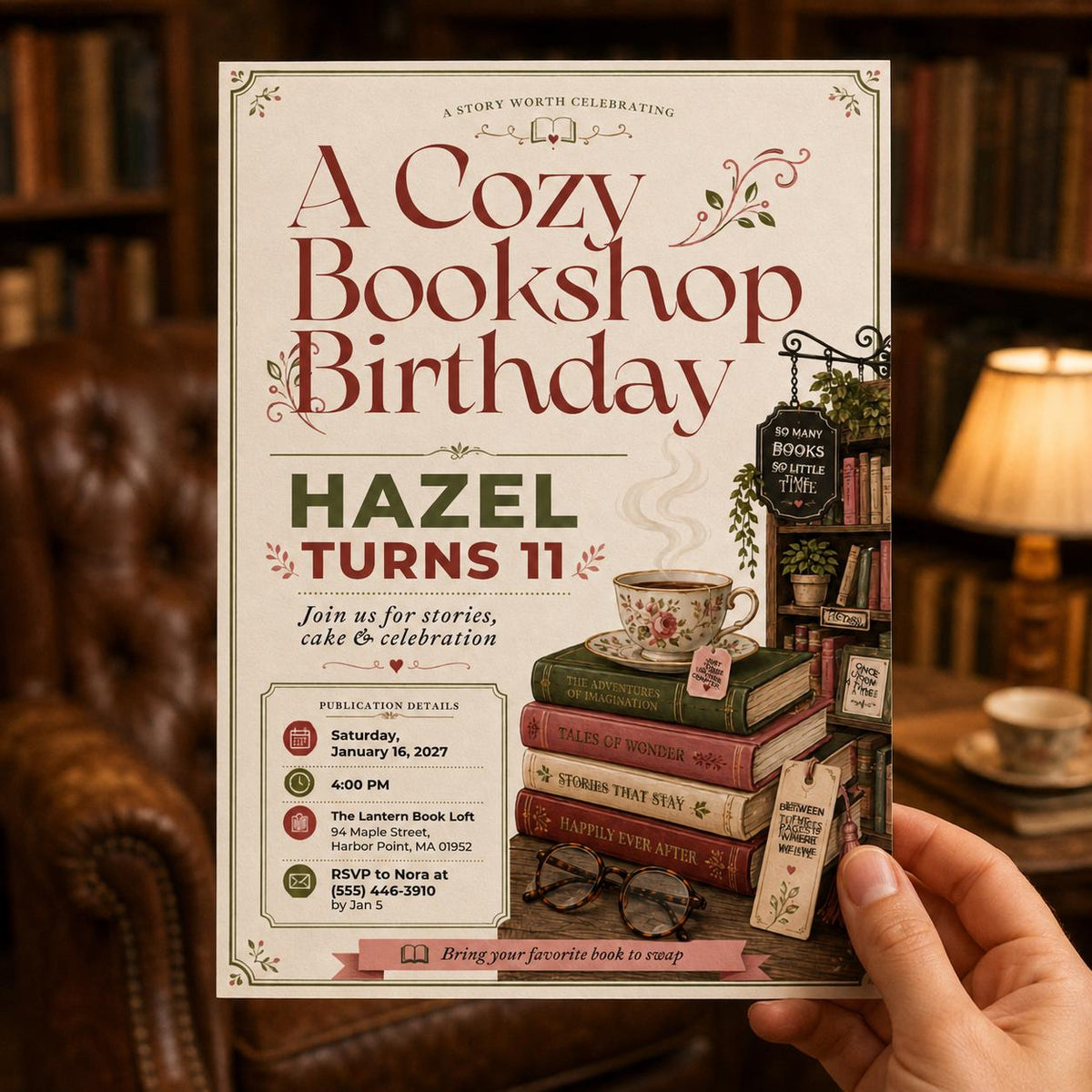 Book Lover 11th Birthday Invitation — print-ready 11th birthday party design from VoltBy