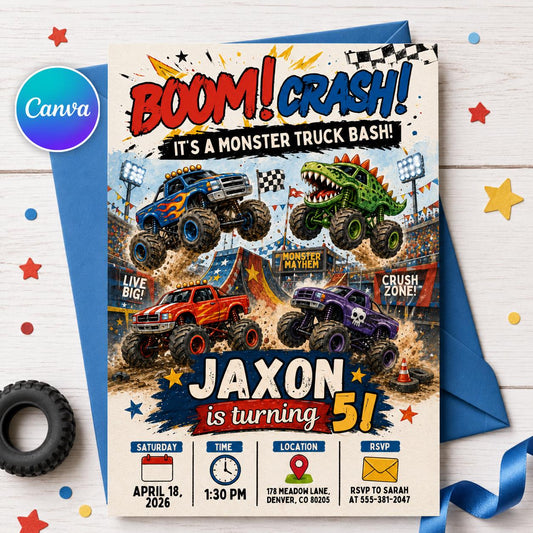 Boom Crash Monster Truck 5th Birthday Invitation — editable Canva template