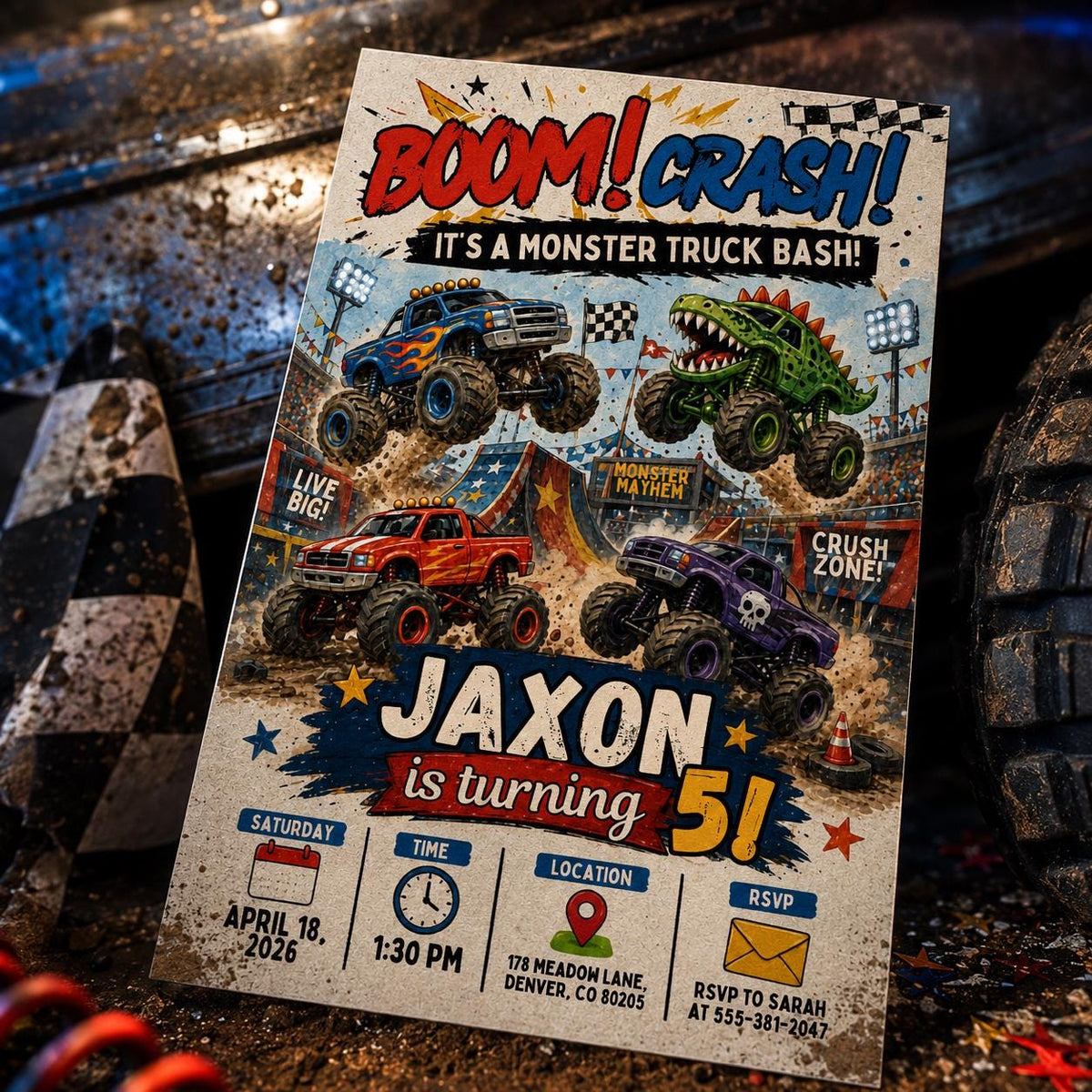 Boom Crash Monster Truck 5th Birthday Invitation in blue and green