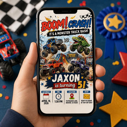 Boom Crash Monster Truck 5th Birthday Invitation — invitation you personalize in Canva