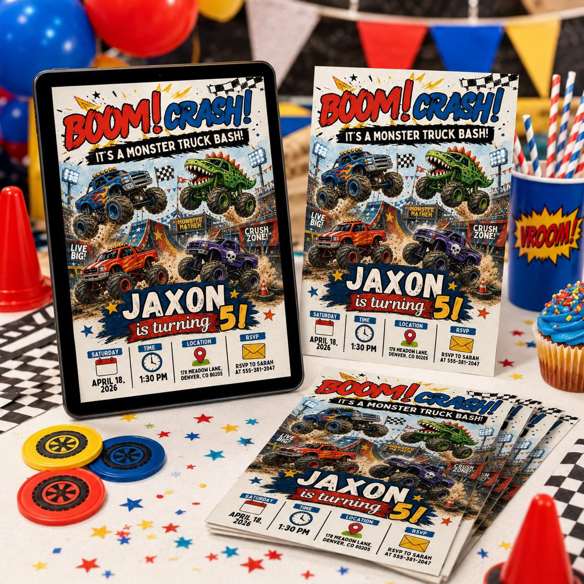 Boom Crash Monster Truck 5th Birthday Invitation — print-ready 5th birthday party design from VoltBy