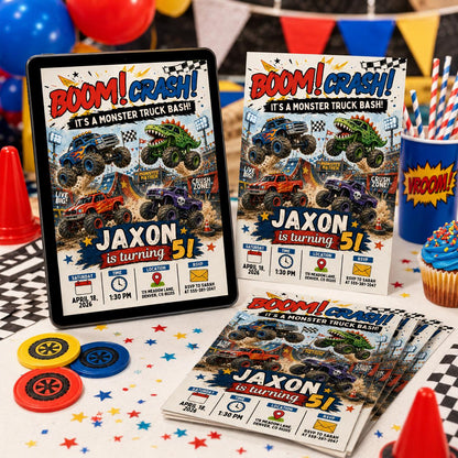 Boom Crash Monster Truck 5th Birthday Invitation — print-ready 5th birthday party design from VoltBy