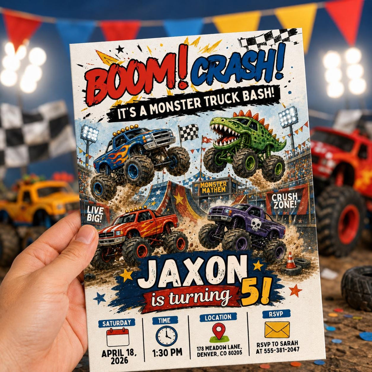 Boom Crash Monster Truck 5th Birthday Invitation — digital invitation, instant download