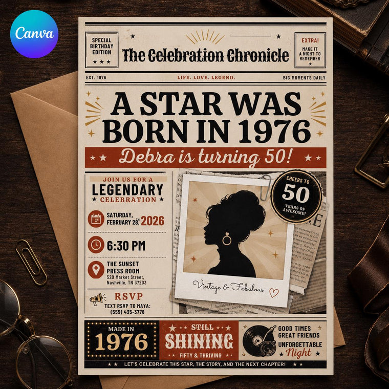 Born in 1976 Newspaper 50th Birthday Photo Invitation for Her