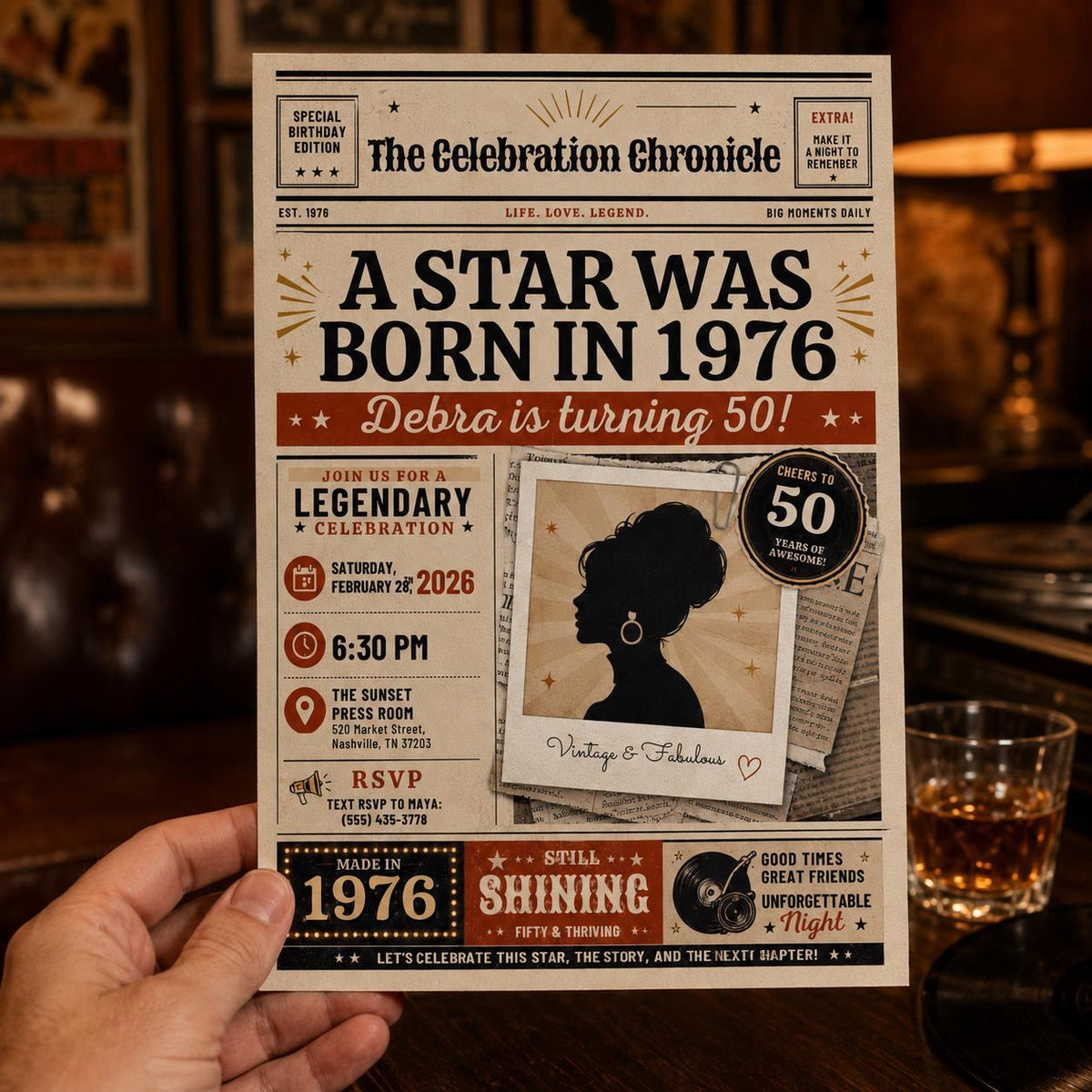 Born in 1976 Newspaper 50th Birthday Photo Invitation for Her — editorial 50th birthday party design