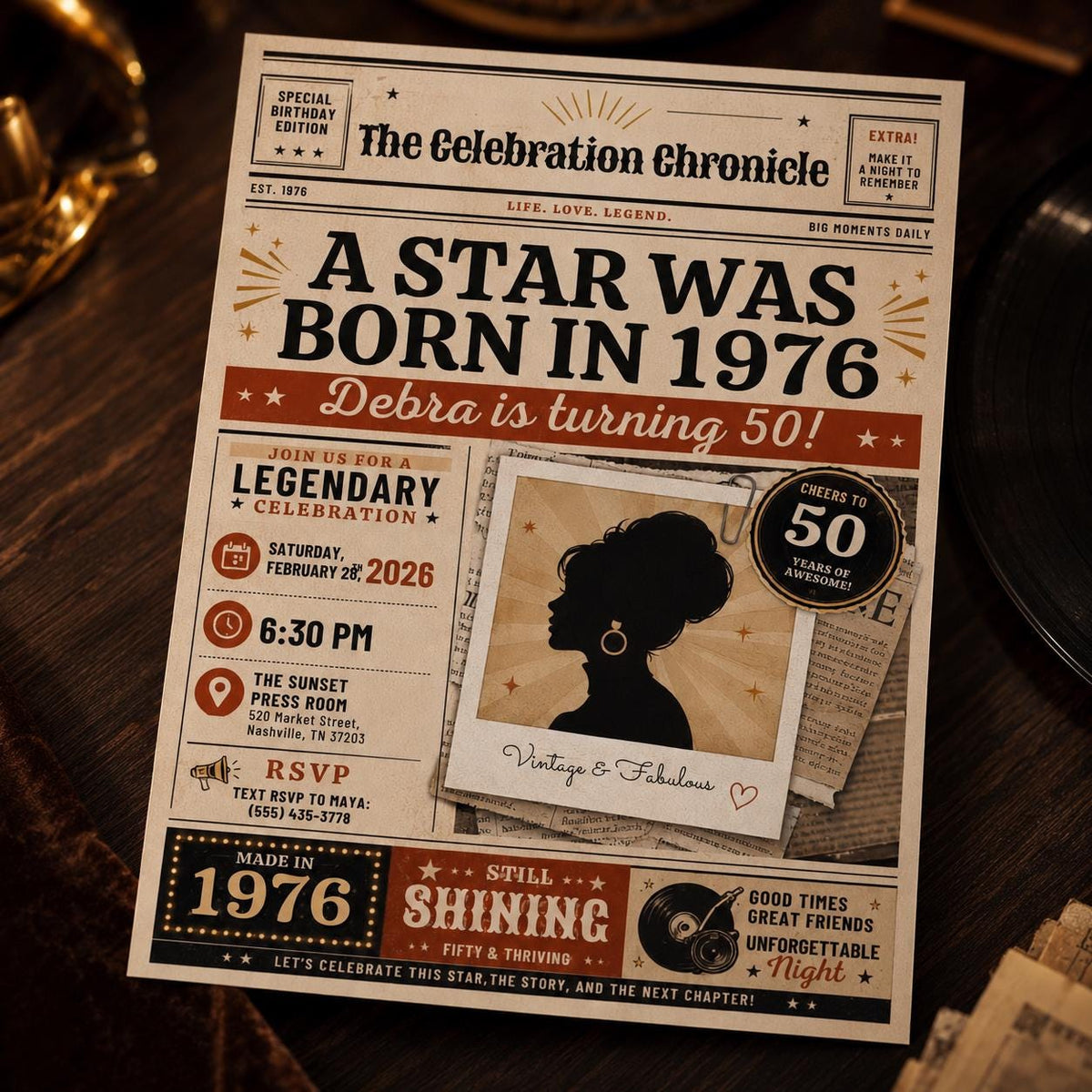Born in 1976 Newspaper 50th Birthday Photo Invitation for Her — digital invitation, instant download