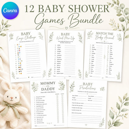 Botanical Baby Shower Games Bundle — editable Canva template