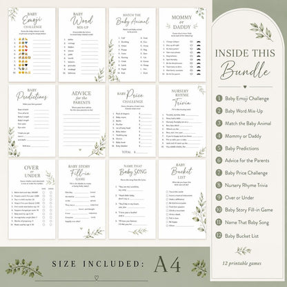 Botanical Baby Shower Games Bundle in cream and green