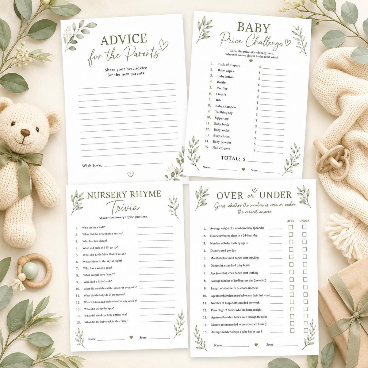 Botanical Baby Shower Games Bundle — printable party game you personalize in Canva