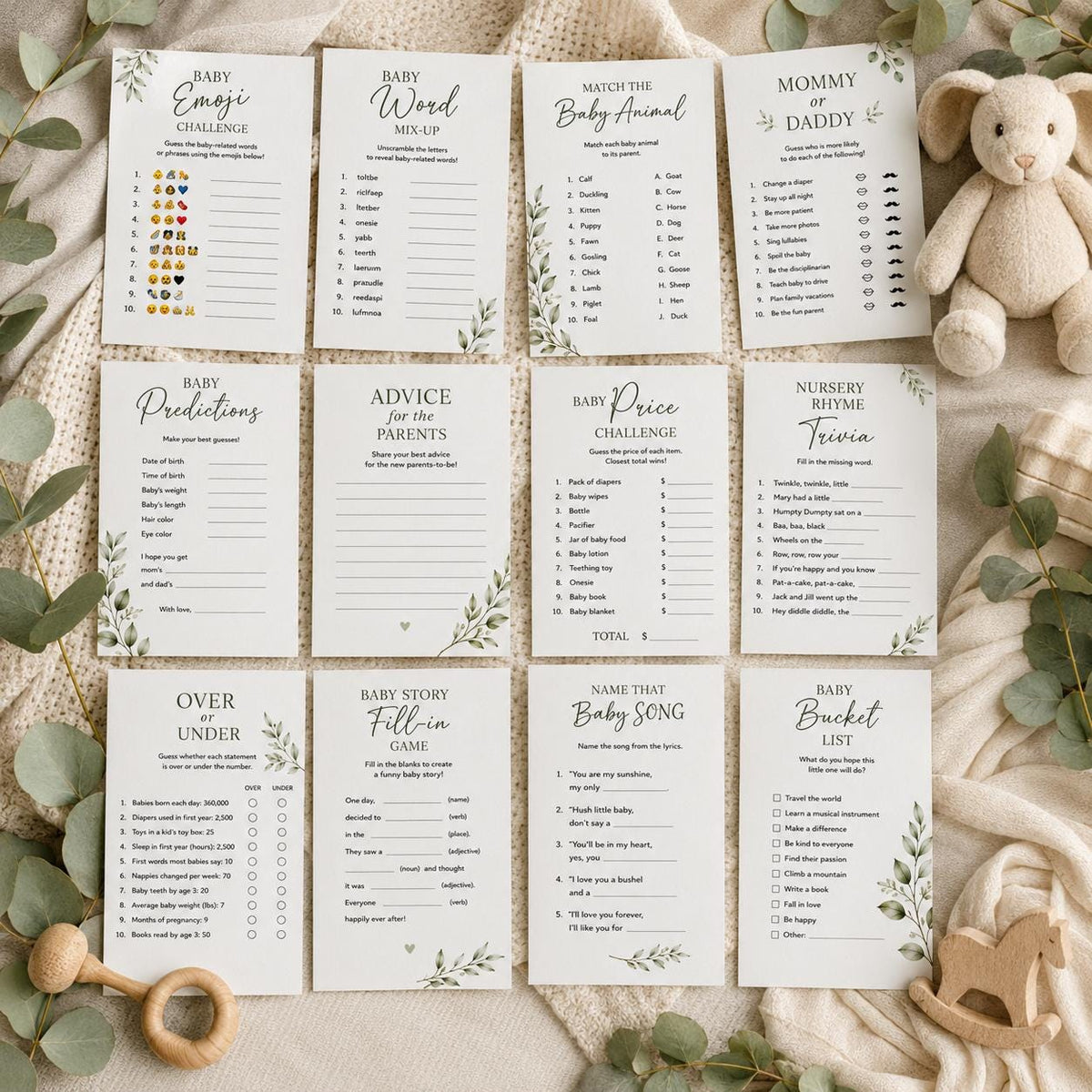 Botanical Baby Shower Games Bundle — print-ready baby shower design from VoltBy
