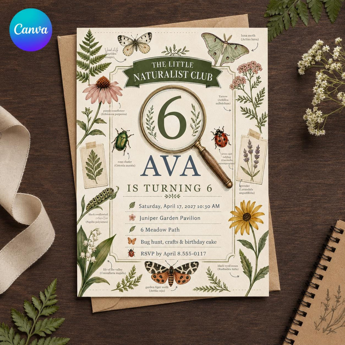 Botanical Bug Hunt Birthday Invitation — editable Canva template