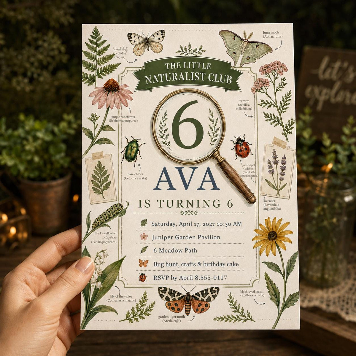 Botanical Bug Hunt Birthday Invitation — print-ready birthday party design from VoltBy