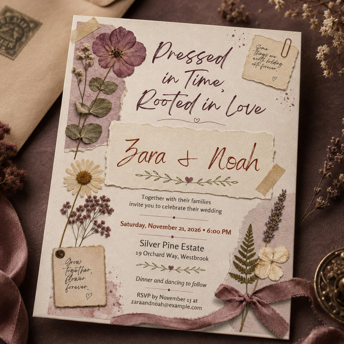 Botanical Floral Pressed Flower Wedding Invitation — boho wedding design