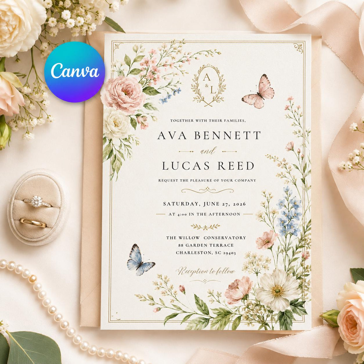 Botanical Floral Wedding Invitation — editable Canva template