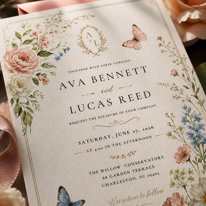Botanical Floral Wedding Invitation — butterfly design