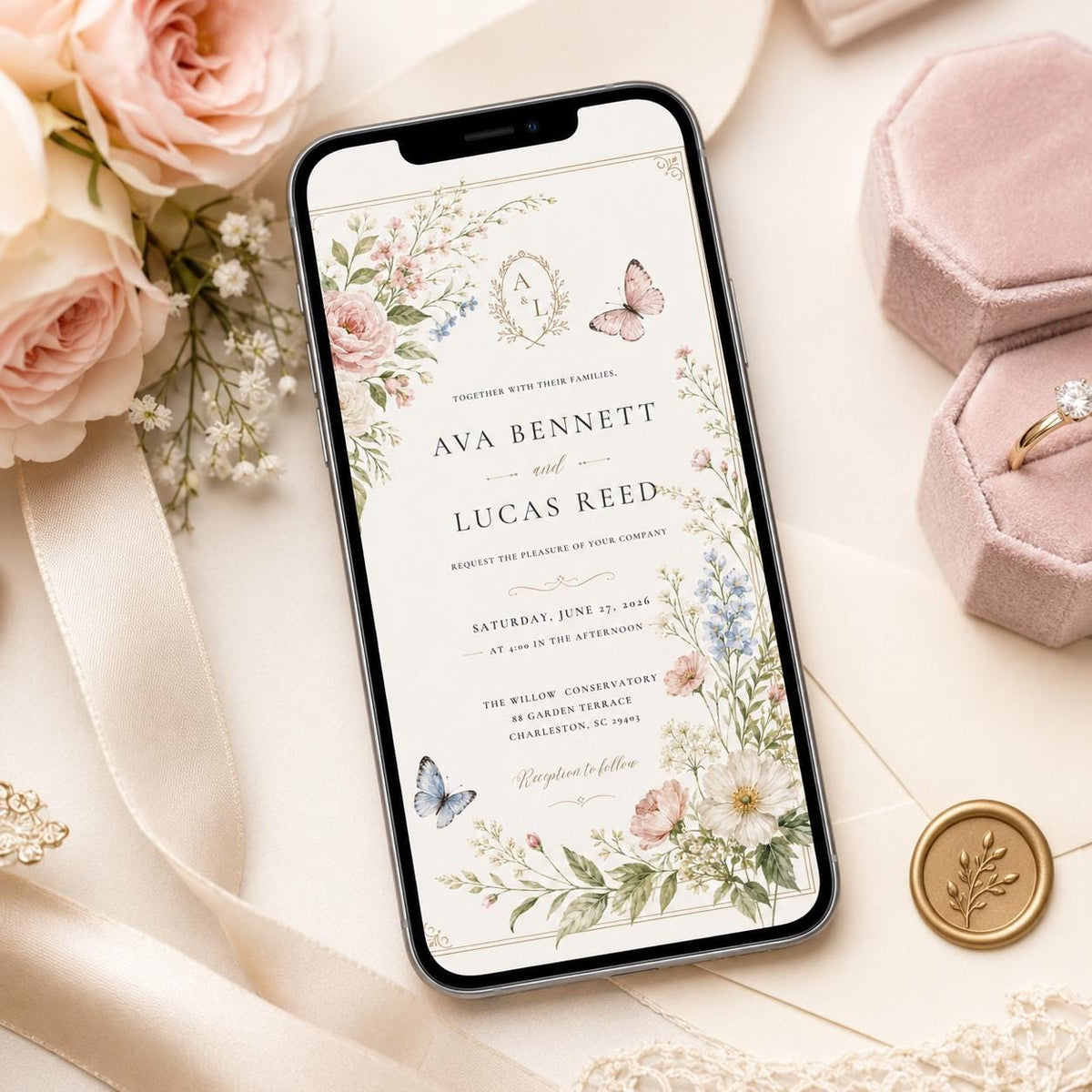 Botanical Floral Wedding Invitation — invitation you personalize in Canva