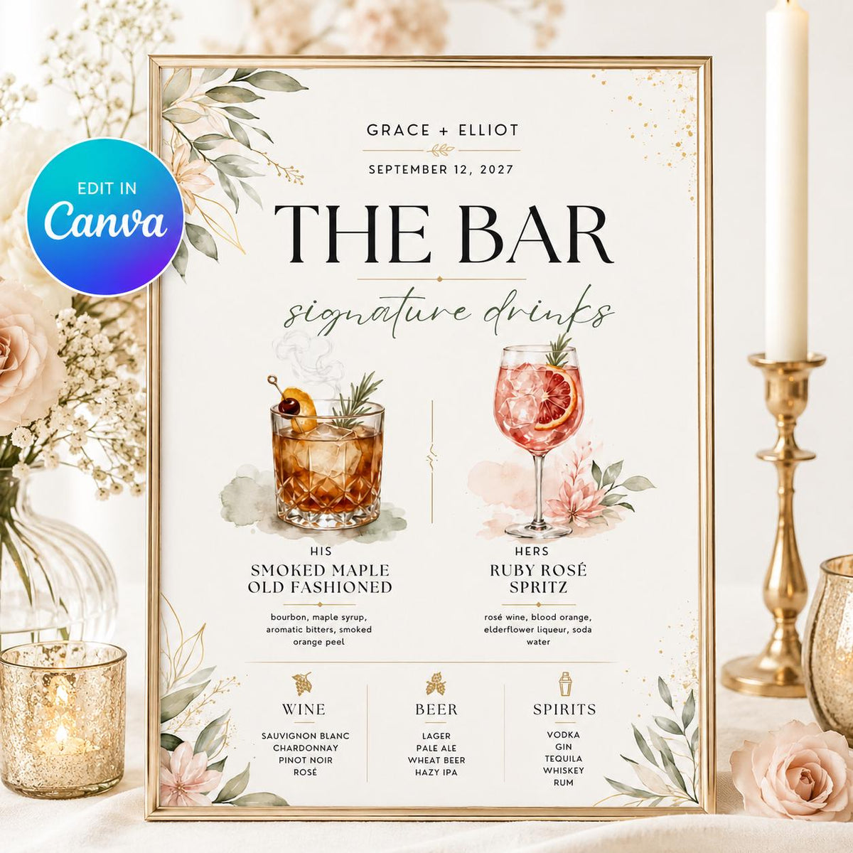 Botanical Signature Drinks Wedding Bar Menu — editable Canva template