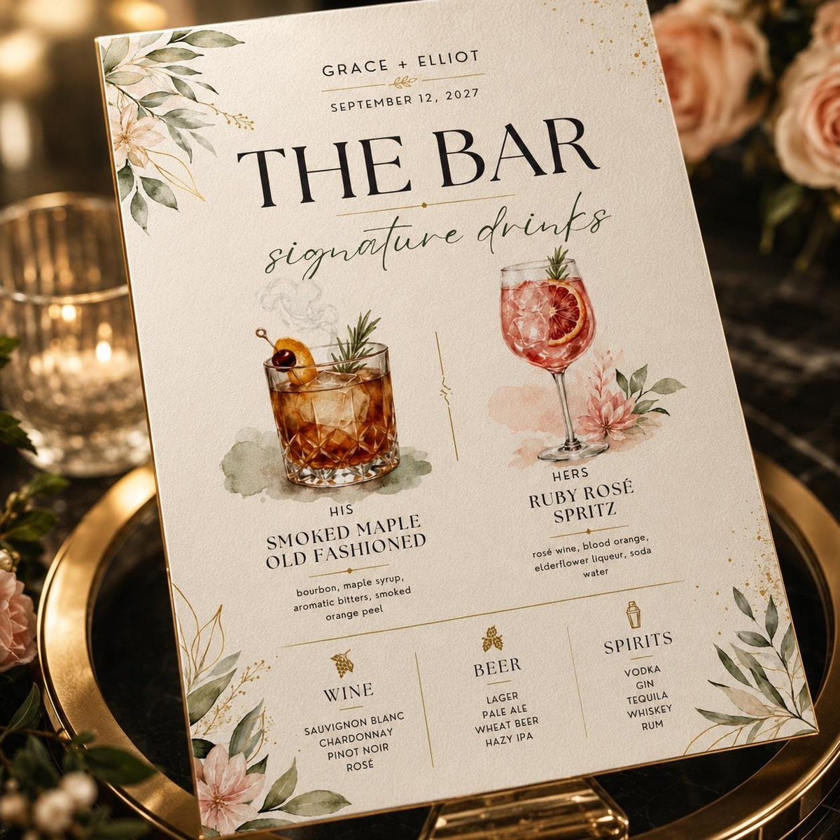 Botanical Signature Drinks Wedding Bar Menu in cream and green