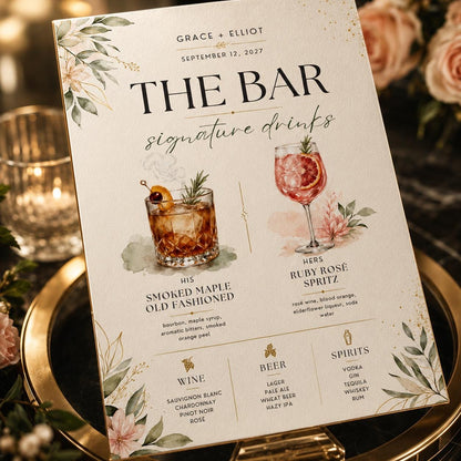 Botanical Signature Drinks Wedding Bar Menu in cream and green