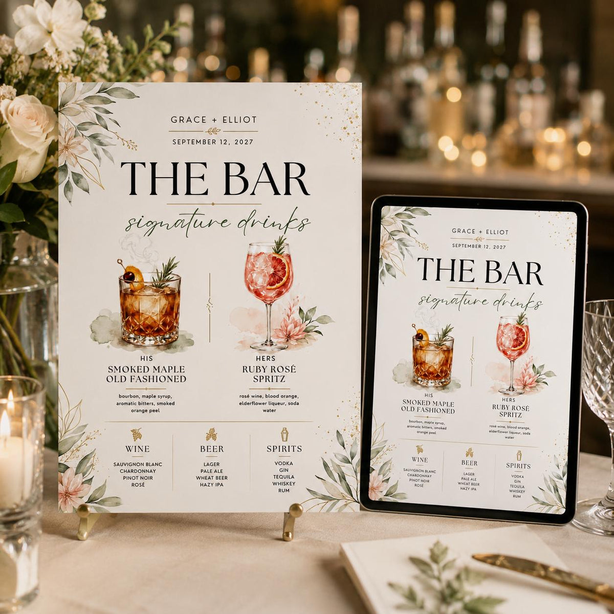Botanical Signature Drinks Wedding Bar Menu — beer and wine design