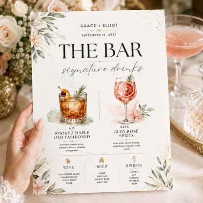 Botanical Signature Drinks Wedding Bar Menu — menu design you personalize in Canva