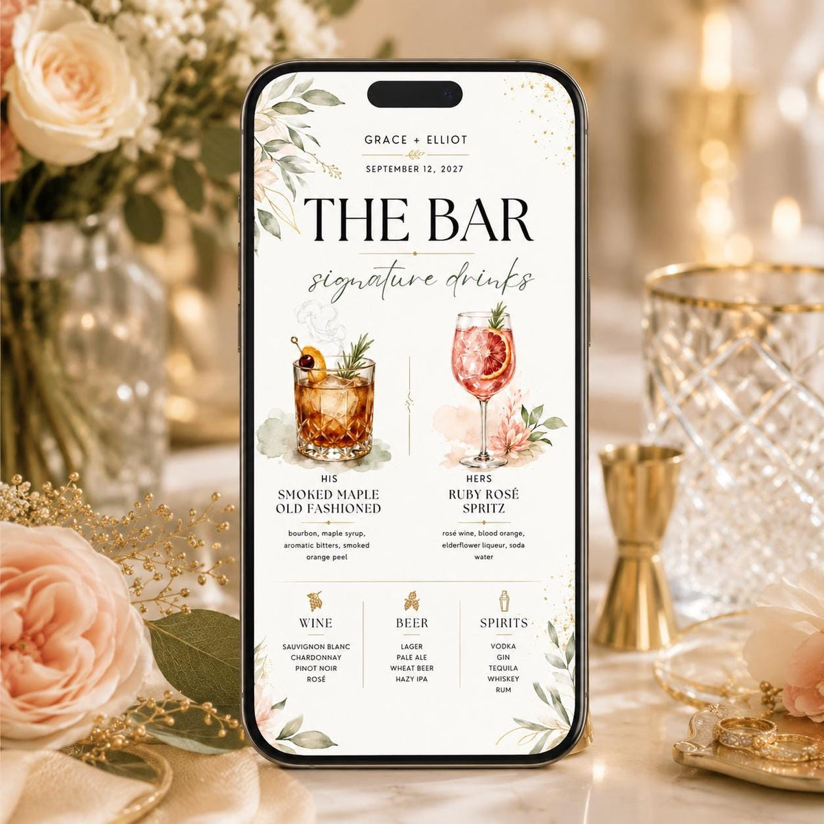 Botanical Signature Drinks Wedding Bar Menu — beer and wine artwork in cream and green