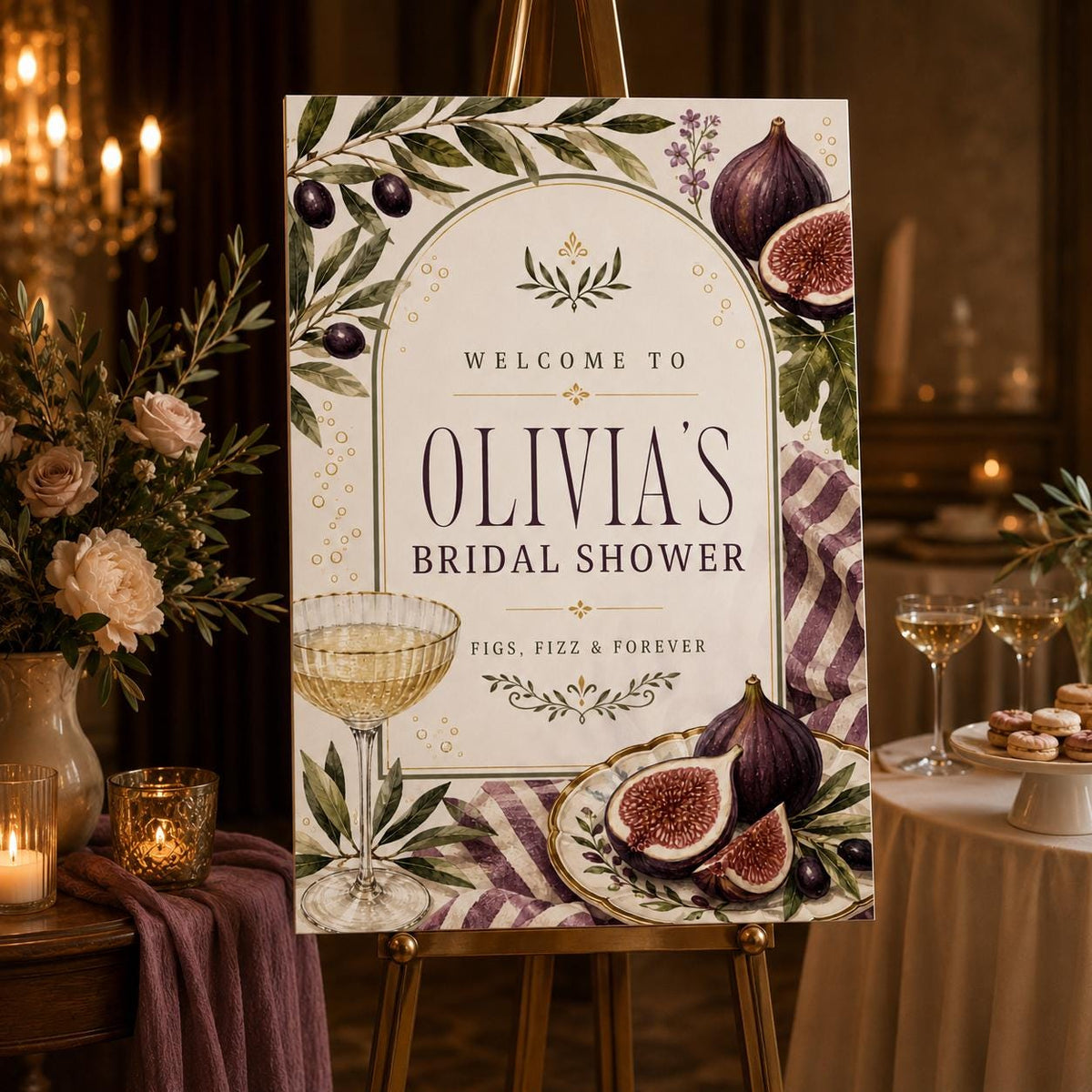 Purple Bridal Shower Welcome Sign — print-ready bridal shower design from VoltBy