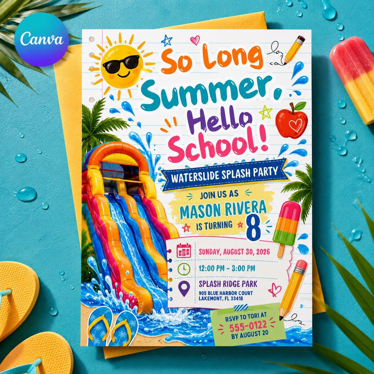 Bright Hello School Water Slide 8th Birthday Invitation — editable Canva template