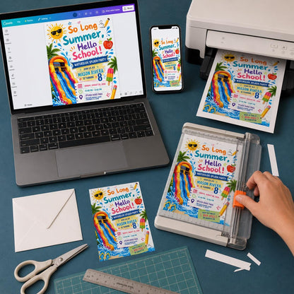 Bright Hello School Water Slide 8th Birthday Invitation — print-ready 8th birthday party design from VoltBy