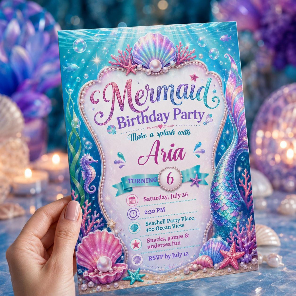 Bright Mermaid Tail and Shell 6th Birthday Invitation — invitation you personalize in Canva