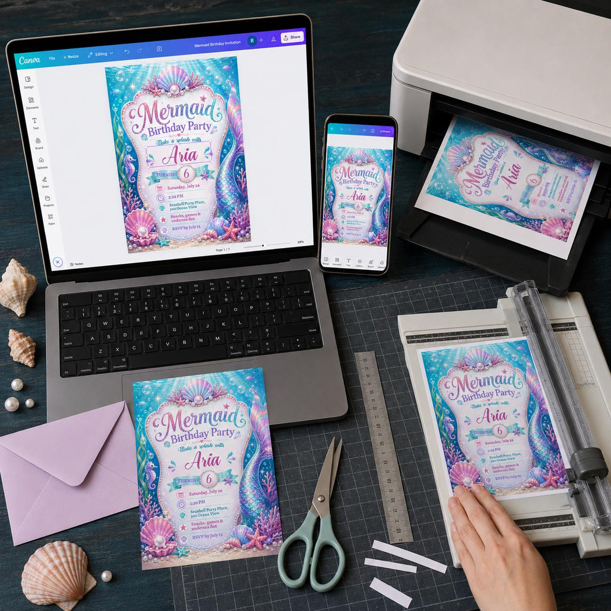 Bright Mermaid Tail and Shell 6th Birthday Invitation — print-ready 6th birthday party design from VoltBy