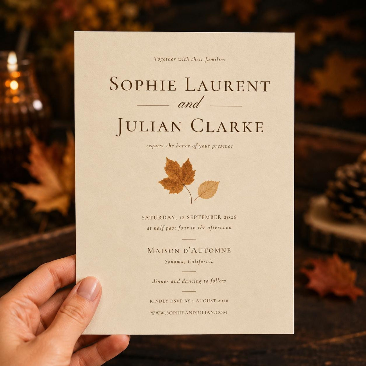 Brown and Neutral Minimalist Fall Wedding Invitation — leaf design