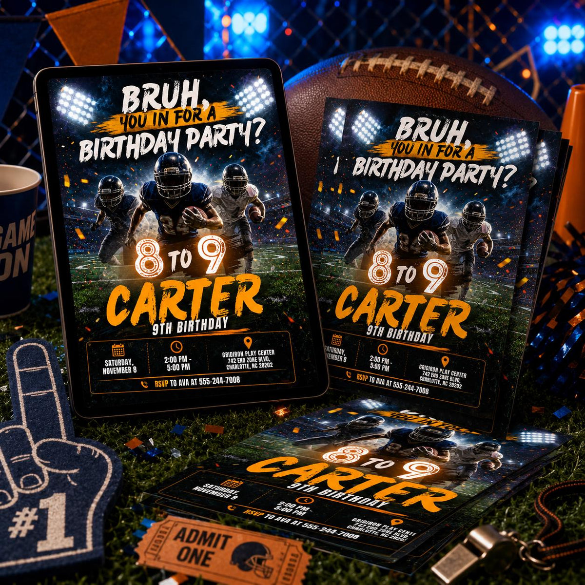 Bruh Football 9th Birthday Invitation in black and orange