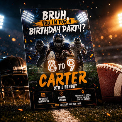 Bruh Football 9th Birthday Invitation — invitation you personalize in Canva