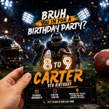 Bruh Football 9th Birthday Invitation — print-ready 9th birthday party design from VoltBy