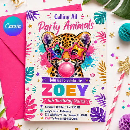 Bubblegum Leopard Party Animals 8th Birthday Invitation — editable Canva template