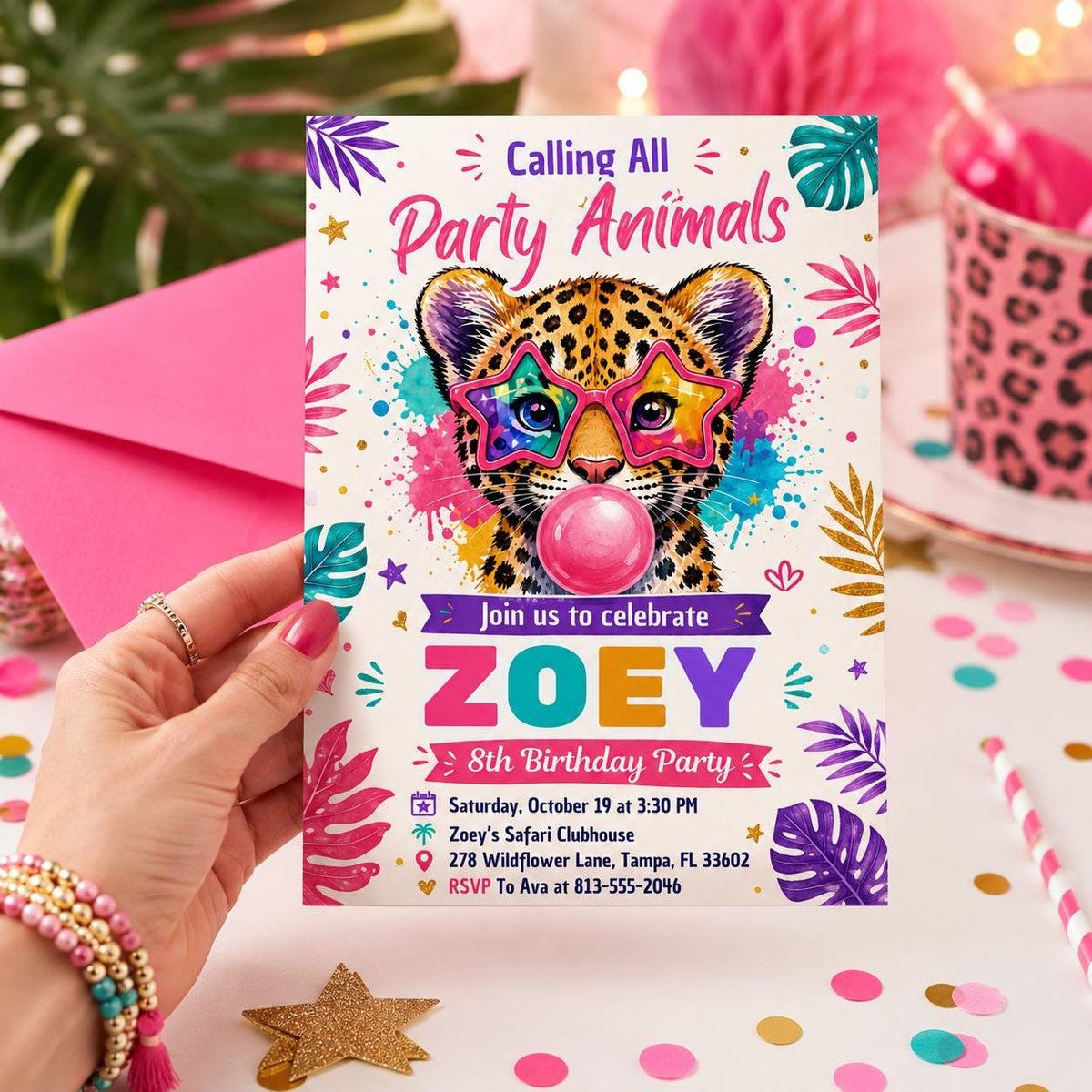 Bubblegum Leopard Party Animals 8th Birthday Invitation in green and pink