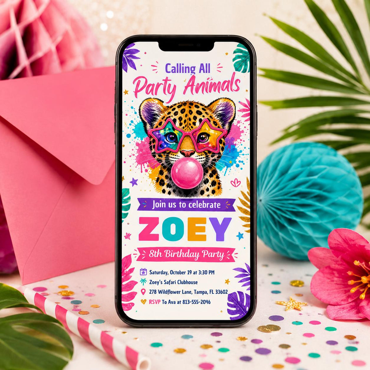 Bubblegum Leopard Party Animals 8th Birthday Invitation — art and leaf design