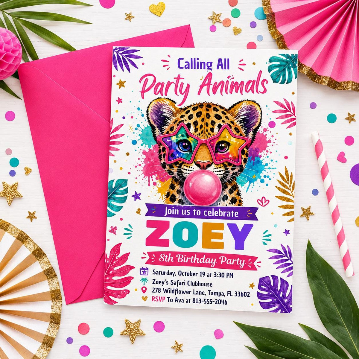Bubblegum Leopard Party Animals 8th Birthday Invitation — invitation you personalize in Canva
