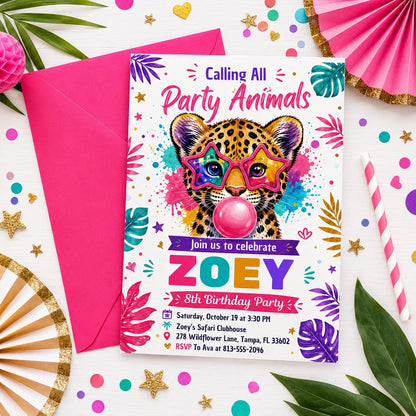 Bubblegum Leopard Party Animals 8th Birthday Invitation — invitation you personalize in Canva