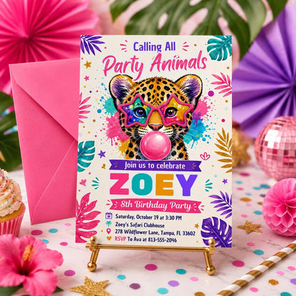 Bubblegum Leopard Party Animals 8th Birthday Invitation — neon 8th birthday party design