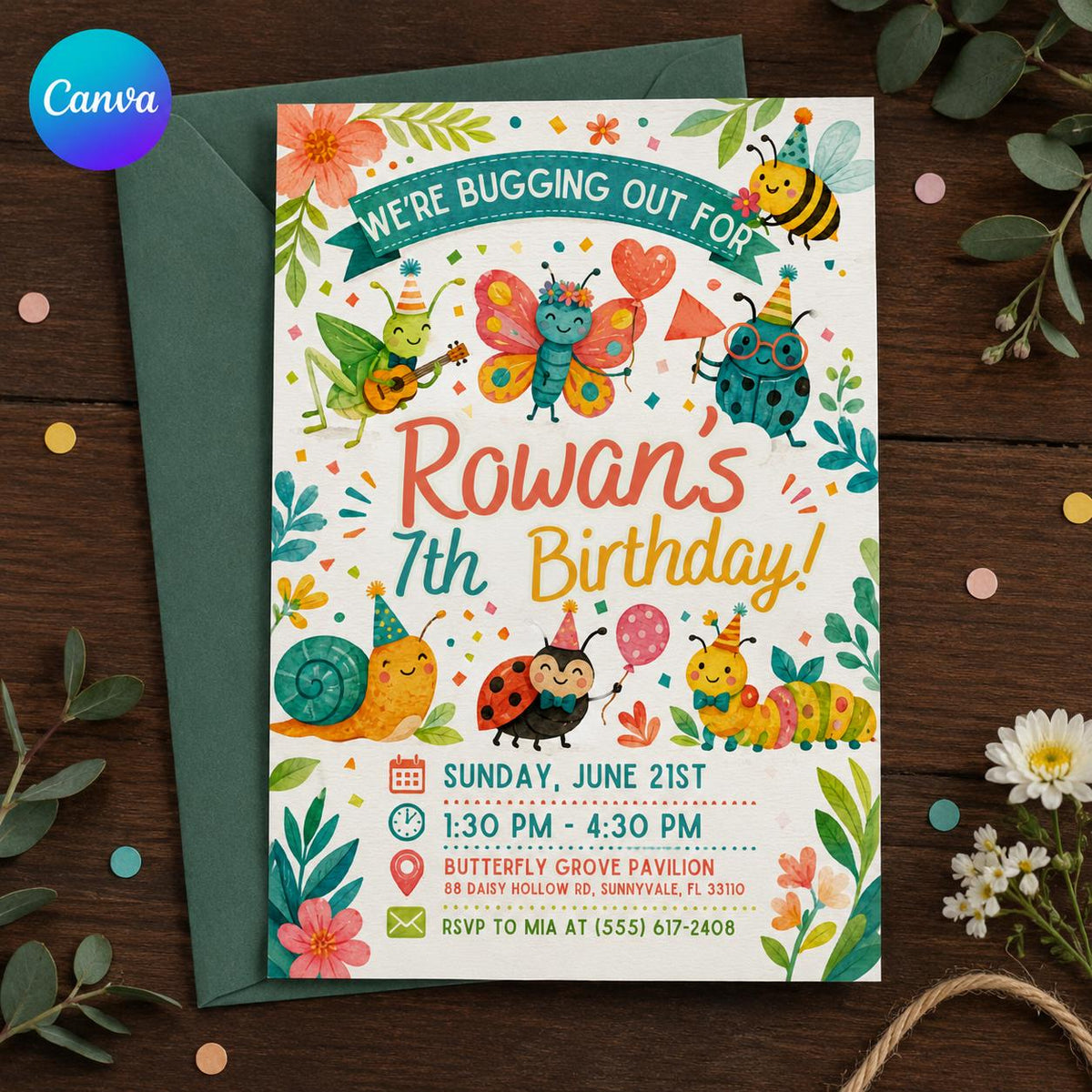 Bug 7th Birthday Invitation — editable Canva template