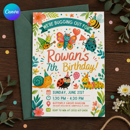 Bug 7th Birthday Invitation — editable Canva template